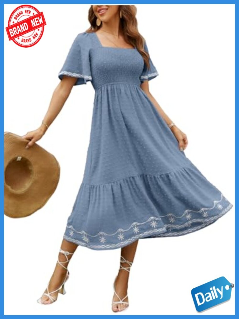 Women's Smocked Square Neck A-Line Maxi Dress Short Sleeve Flowy Summer Chiffon